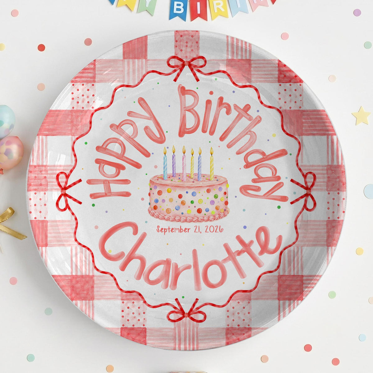 Personalized Pink Gingham Birthday Plate, Custom Name Date Girl Birthday Keepsake, Pink Bow Ceramic Party Decor 222c1783-b651-48ca-8994-4d3b66fab149-6.jpg