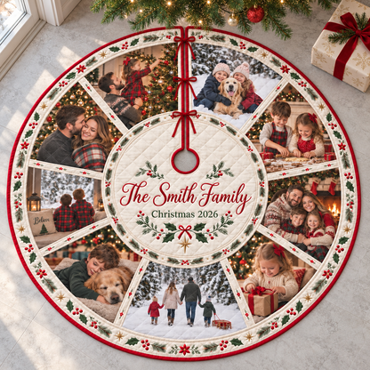 Personalized Photo Quilted Christmas Tree Skirt: Custom Family Name, Picture Collage Decor, Family Gift 22480405-b821-4072-9fe9-ff006ff752f2-Personalized-family-photo-Christmas-tree-skirt-1-.png