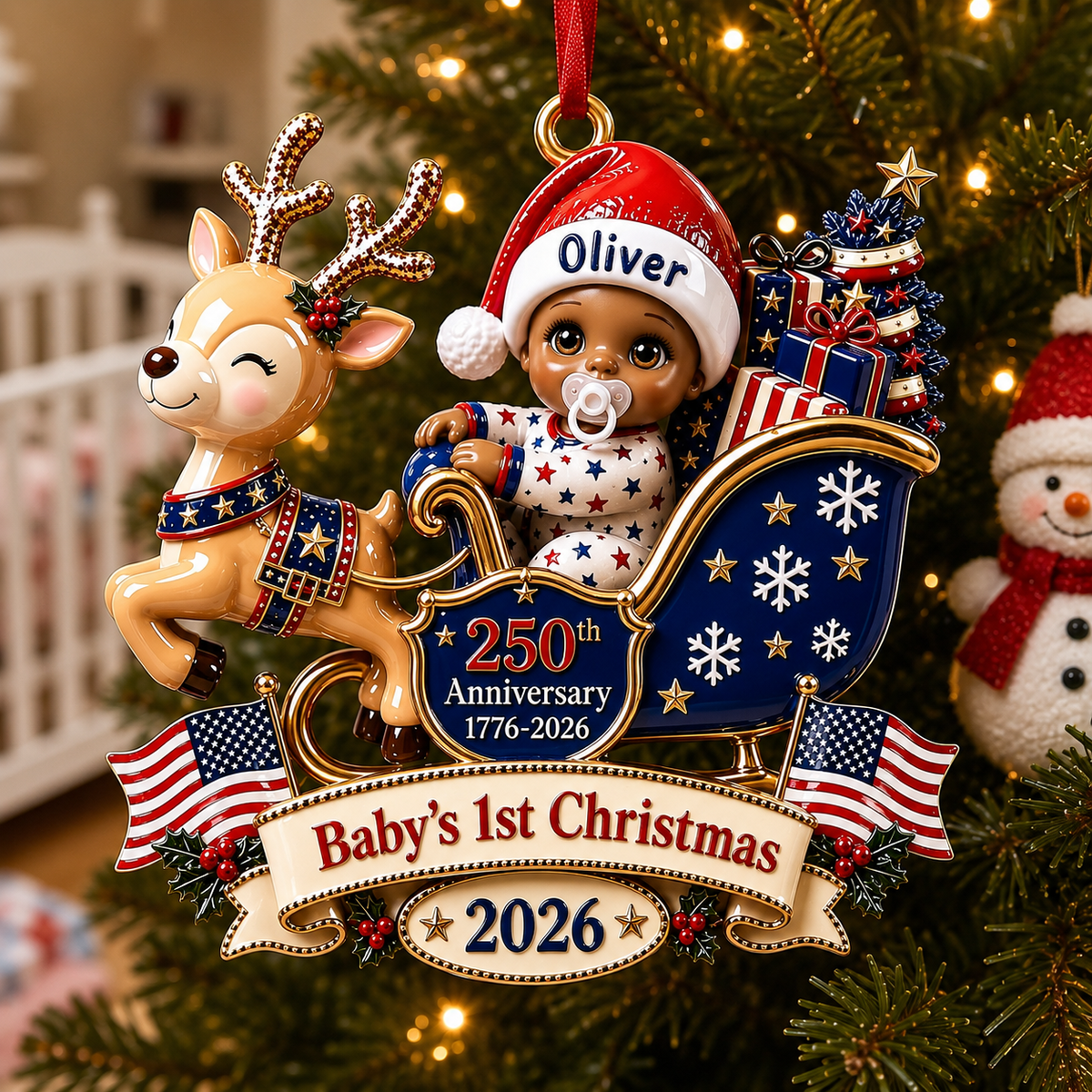 Baby's 1st Christmas In Sleigh America 250th Anniversary - Real 3D Raised Ornament