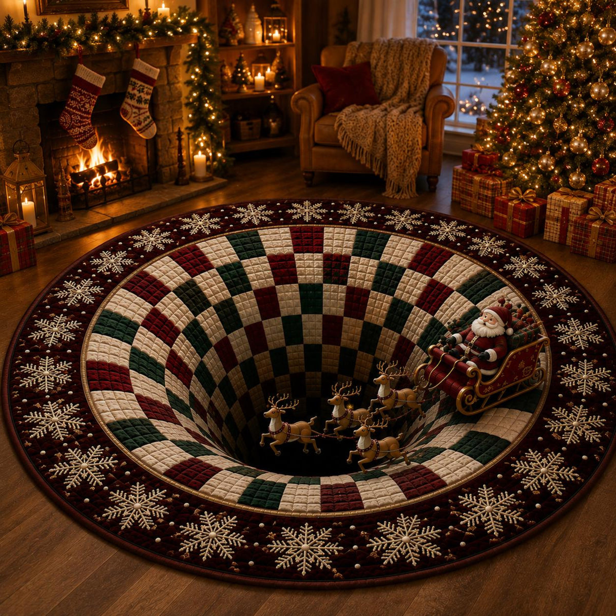 Christmas Santa Sleigh Vortex 3D Round Rug, Reindeer Checkered Optical Illusion Floor Mat, Christmas Gift, Non Slip Xmas Home Decor 2276f703-627f-4049-9b06-b41f41d98c80-5.jpg