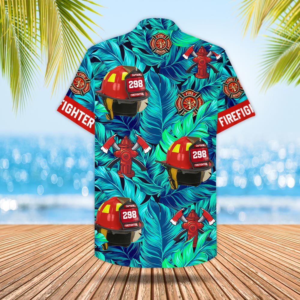 Custom Hawaiian Shirt Gift For Firefighter - Personalized Gifts For Fireman - Firefighter Helmet Tropical Pattern Hawaiian Shirt