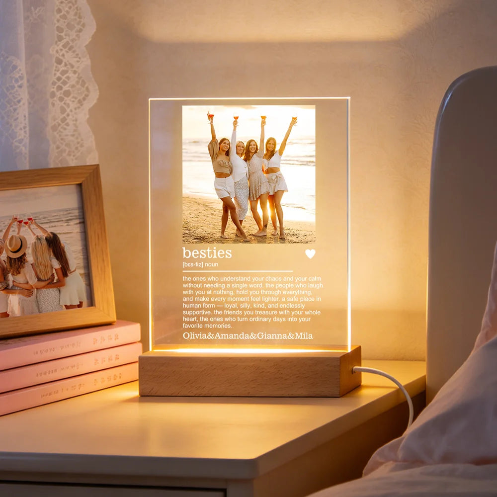 Personalised Best Friend Photo Multi Colour Acrylic LED Night Light with Name and Wooden Base Birthday Bridesmaid Anniversary Gift for Besties Sisters