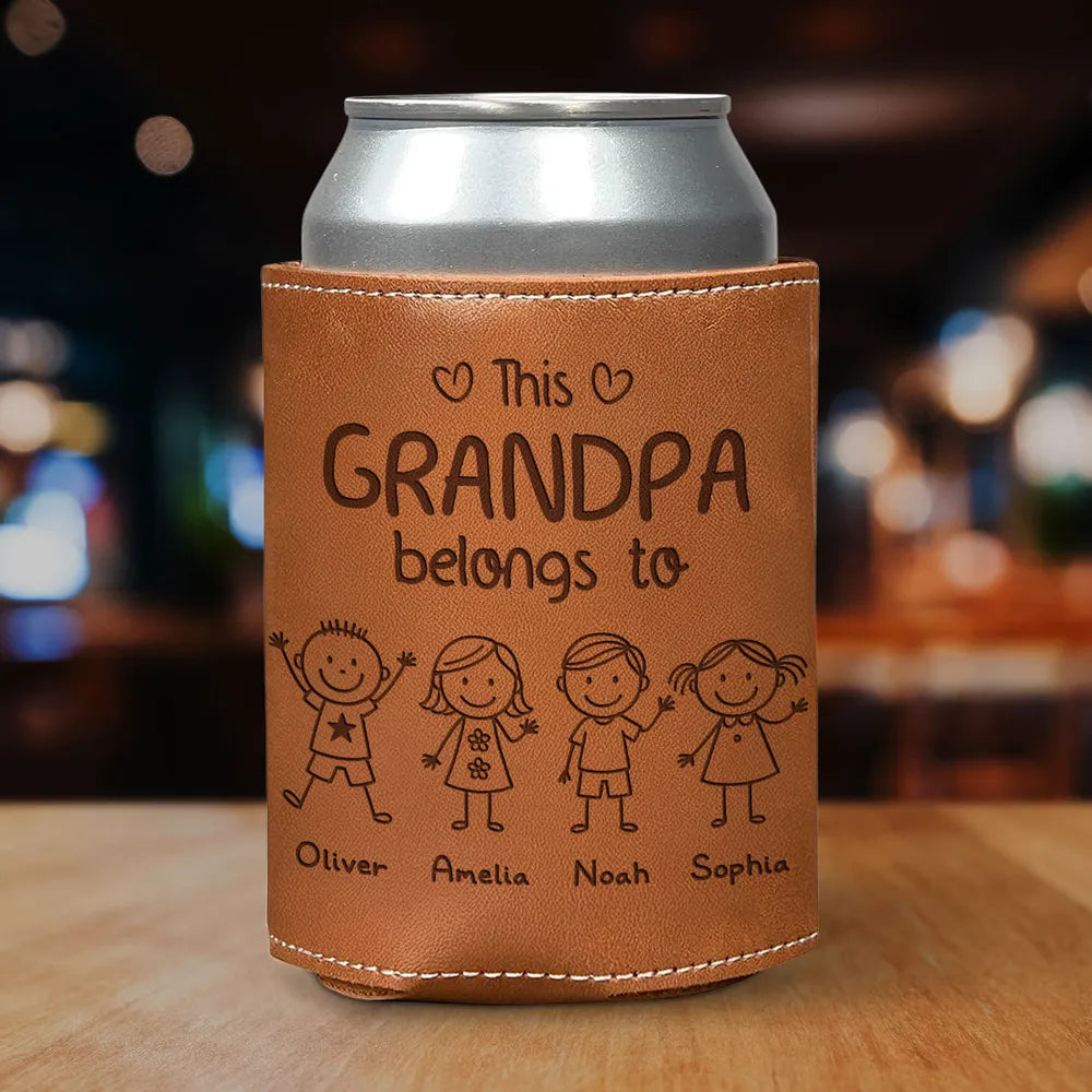 This Grandpa Belongs To Us - Personalized Leather Can Cooler - Gift For Dad, Grandpa, Father's Day