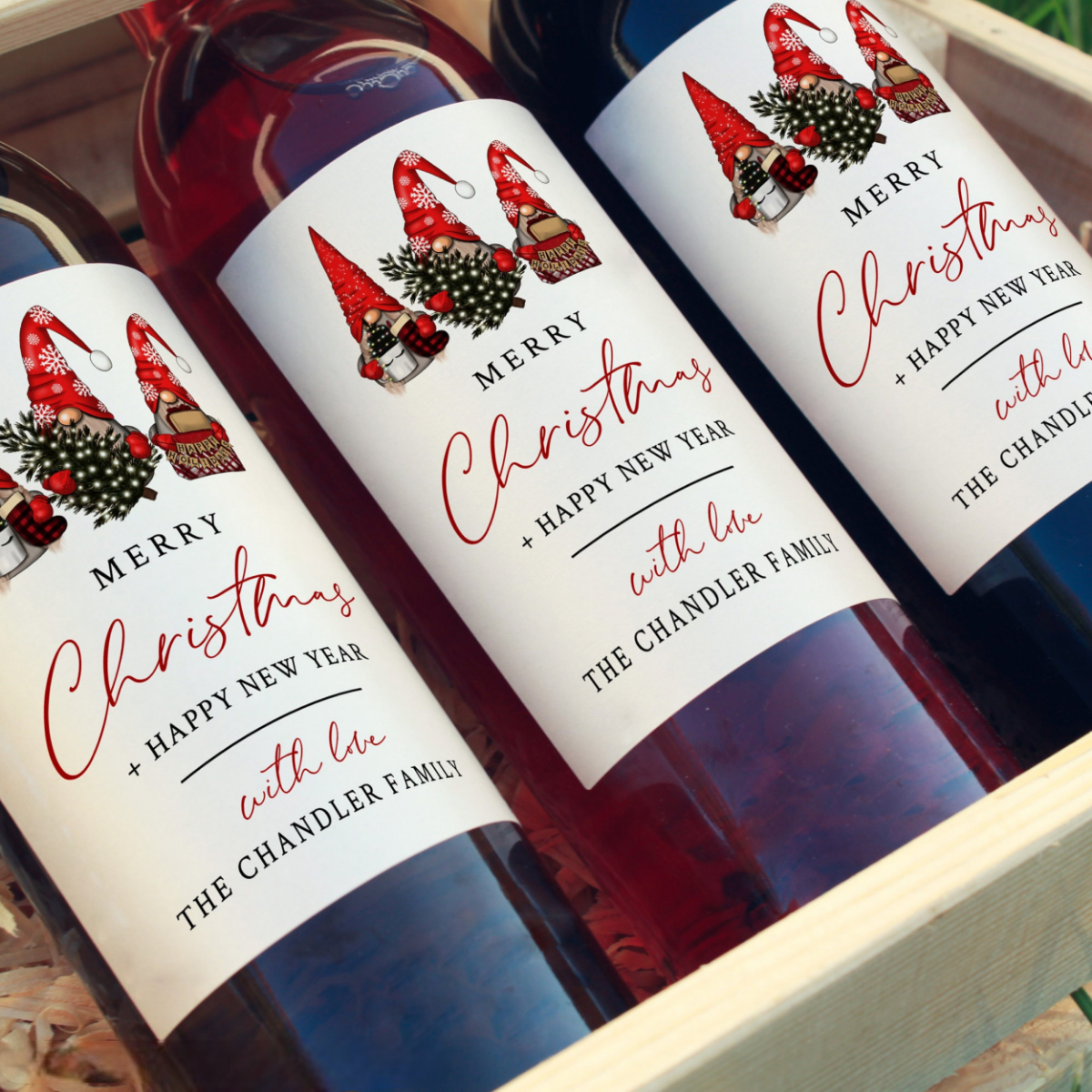 Scandi Gnomes Wine Bottle Label, Christmas Drink Gift Label, Personalized Wine Bottle Sticker, Nordic Wine Label