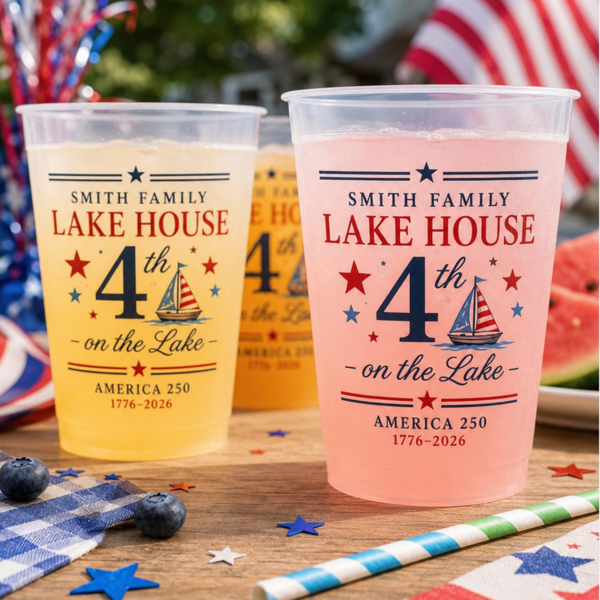 Personalized Lake House Plastic Cups, Custom 4th of July Cups, America 250 Family Lake Party Cups, Patriotic Plastic Cups