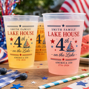 Personalized Lake House Plastic Cups, Custom 4th of July Cups, America 250 Family Lake Party Cups, Patriotic Plastic Cups