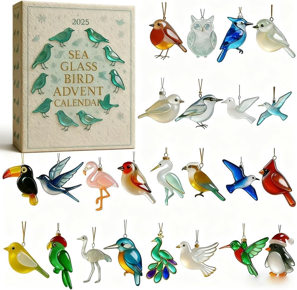 Sea Glass Bird Advent Calendar 2025 with 24 Hanging Ornaments – Countdown Christmas Gift for Bird Lovers, Tree Decor, Holiday Display