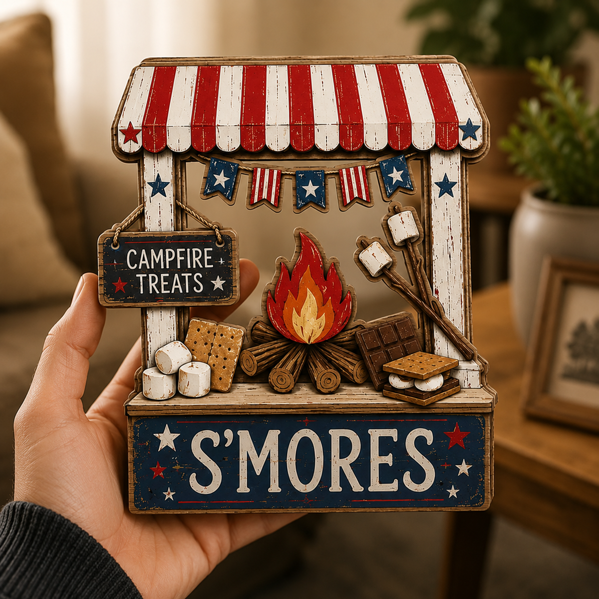 3D Wooden Marshmallow Stand Sign, Gift for BBQ Lovers, Fourth of July Decor, Custom Name Kitchen Block, Patriotic Diner Tabletop Art