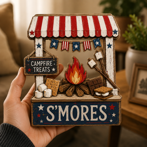 3D Wooden Marshmallow Stand Sign, Gift for BBQ Lovers, Fourth of July Decor, Custom Name Kitchen Block, Patriotic Diner Tabletop Art