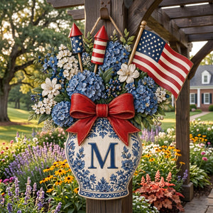 Personalized Patriotic Blue Hydrangea Wooden Door Hanger: Custom Monogram Chinoiserie Independence Day Gift