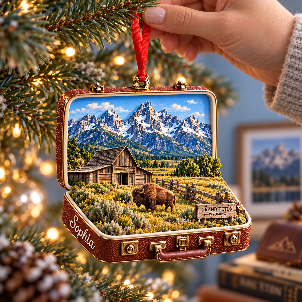 Personalized Grand Teton National Park 3D Suitcase Christmas Ornament – Wyoming Travel Souvenir & Gift for Nature Lovers 22a1900d-0721-4b73-a781-1a0f708dd611-Hanging-a-Grand-Teton-suitcase-ornament-4.png