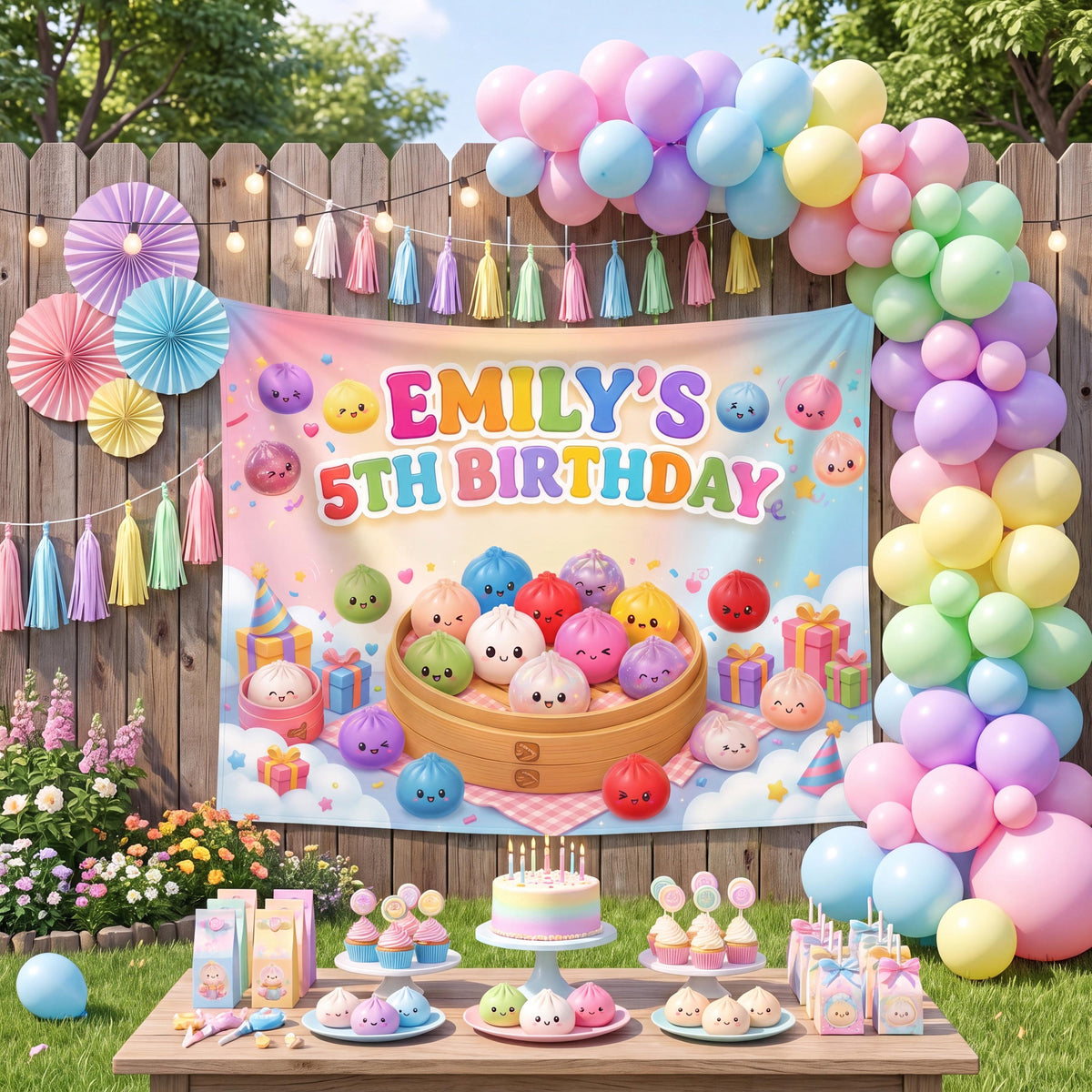 Custom Pastel Rainbow Kawaii Birthday Backdrop, Sensory Toy Fidget Party Banner, Personalized Dumpling Tapestry Photo Booth Decor 22a82260-1f76-40a7-9370-c7f094994bcb-7.jpg