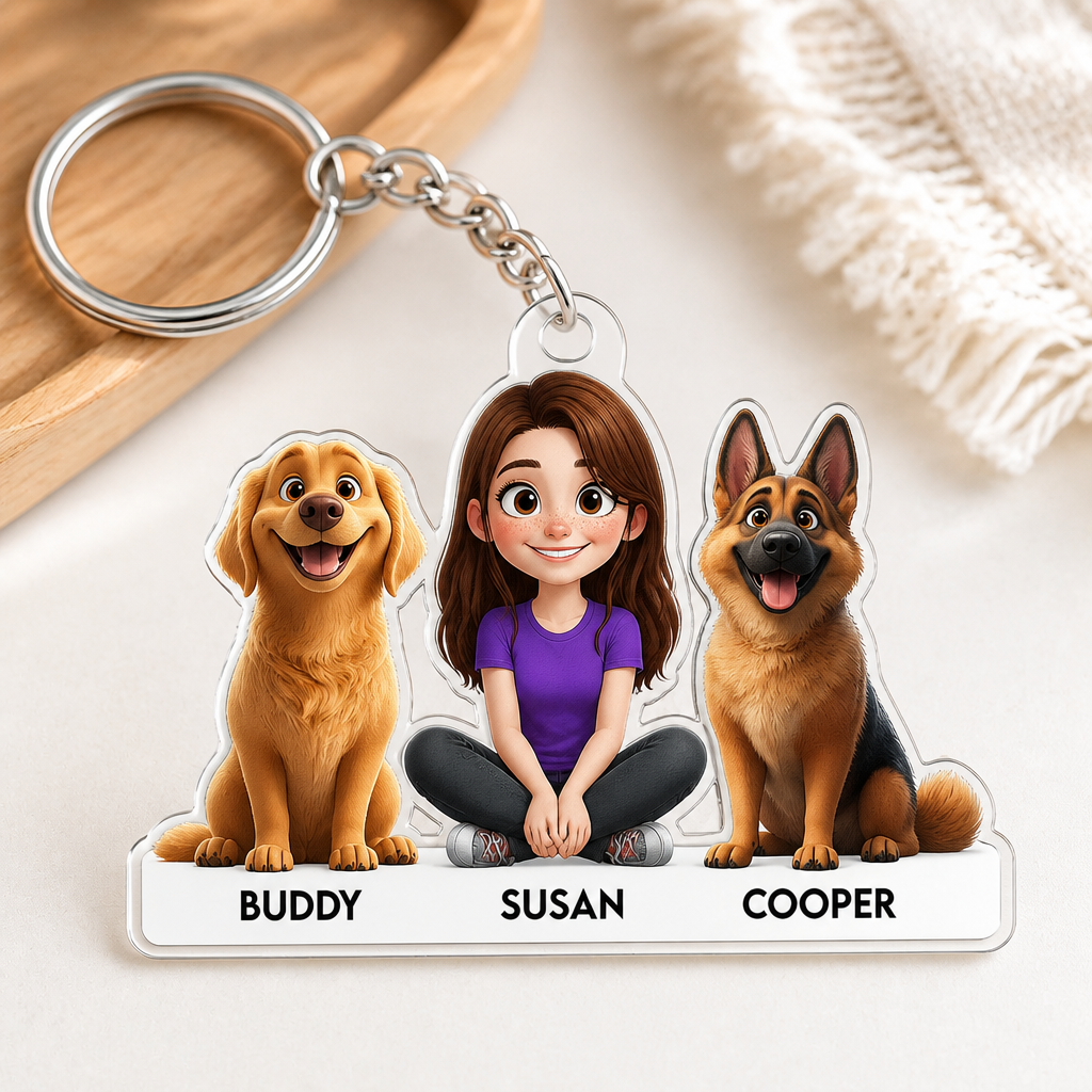 Custom Cartoon You + Pets Acrylic Keychain (Photo-to-Art, 3 Portraits with Name Labels) - Personalized Acrylic Keychain 22e8cee8-e672-44dc-a996-d3b53265dd5e.png