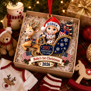 Baby's 1st Christmas In Sleigh America 250th Anniversary - Real 3D Raised Ornament