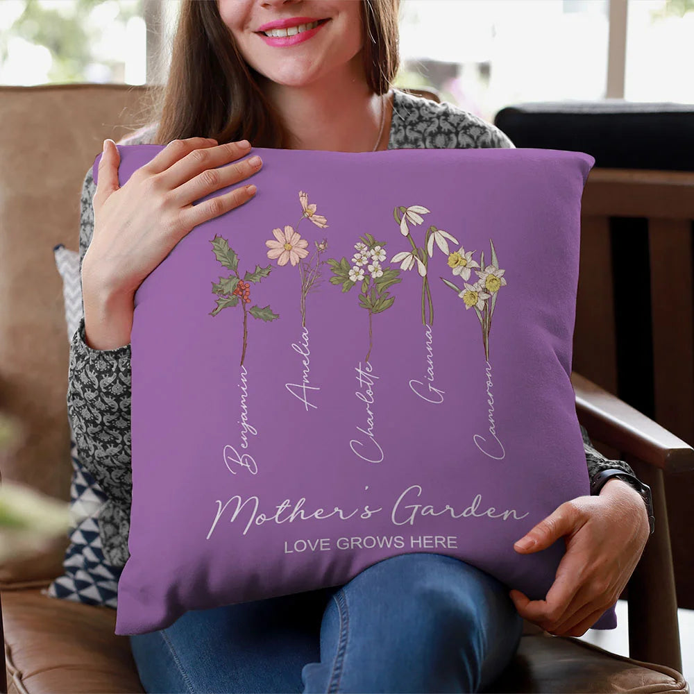 Personalised Family Watercolor Birth Flower Painting Cushion Throw Pillow Cover with 1-8 Names Mother's Day Birthday Gift for Grandma Mother