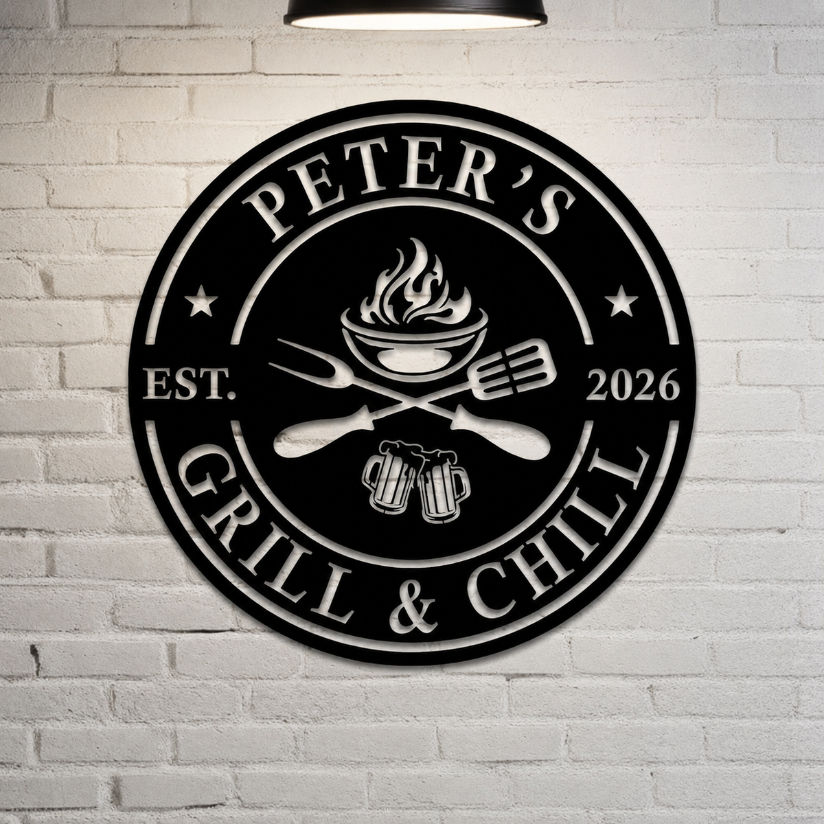 Personalized Grill & Chill Sign, BBQ Metal Decor, Custom Name Barbecue Art, Outdoor Patio/Man Cave Decor, Unique Handmade Father's Day Gift