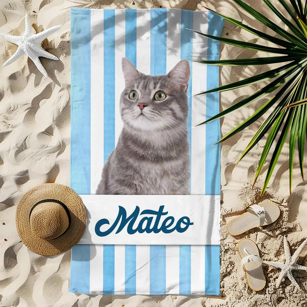 Personalised Pet Photo Stripe Soft Quick Dry Oversized Beach Towel with Name Summer Travel Vacation Essential Birthday Gift for Pet Lovers
