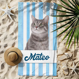 Personalised Pet Photo Stripe Soft Quick Dry Oversized Beach Towel with Name Summer Travel Vacation Essential Birthday Gift for Pet Lovers
