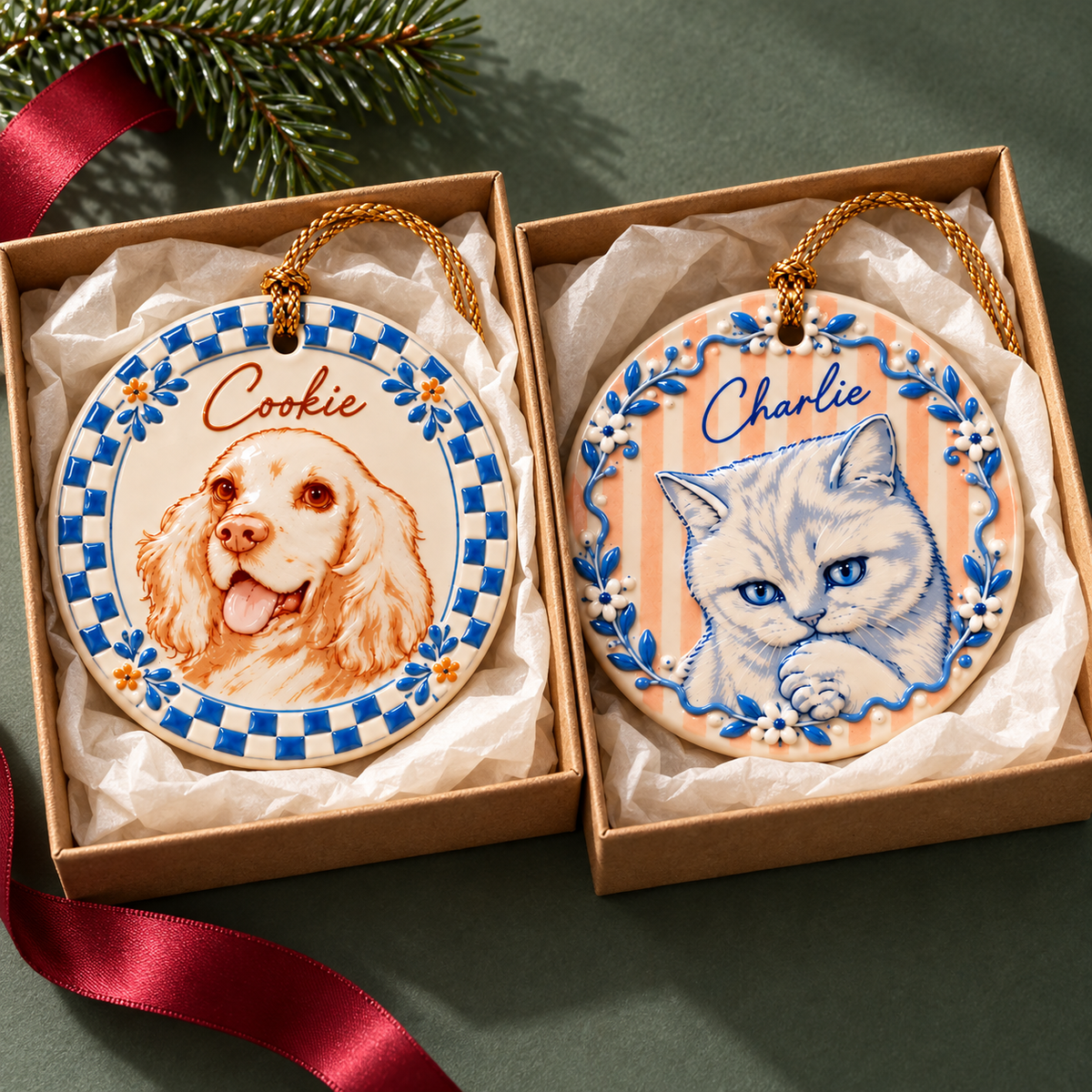 Personalized Pet Photo Ceramic Ornament: Custom Name 3D Relief Dog Christmas Gift For Family, Friends 23fd49fb-5988-4c71-9ecd-fc5ac6f8d3ef-Cookie-v-Charlie-trong-h-p-qu-.png