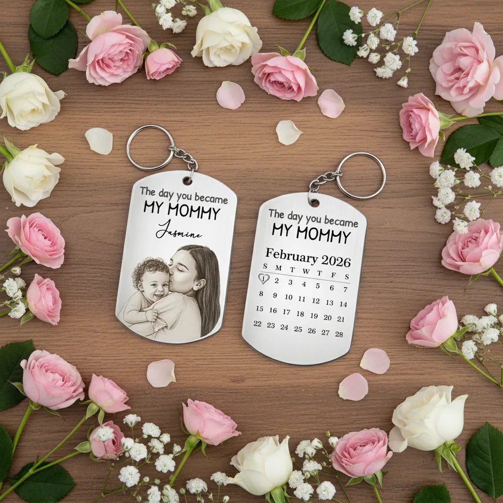 Custom Photo Pencil Sketch Calendar The Day You Became My Mom - Personalized Keychain