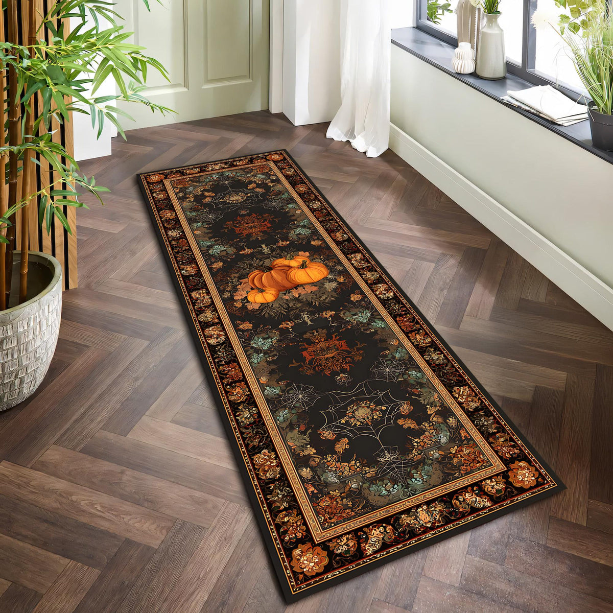 Halloween Pumpkin Runner Rug, Black Gothic Fall Carpet with Autumn Leaves and Cobwebs, Non Slip Washable Hallway or Kitchen Floor Mat 2492fb98-e092-4517-8fce-cf2eda9539b3-4.jpg