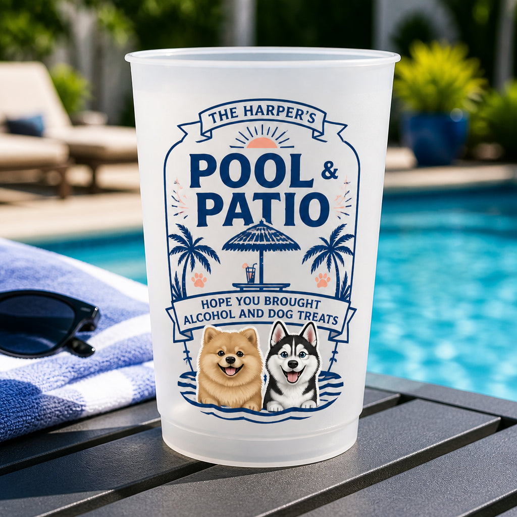 Custom Pool & Patio Frosted Cup – Family Name + 2 Pet Portraits - Personalized Plastic Frosted Water Cup 24cbf8b8-ae47-4a71-b198-6437a6bfe039.jpg
