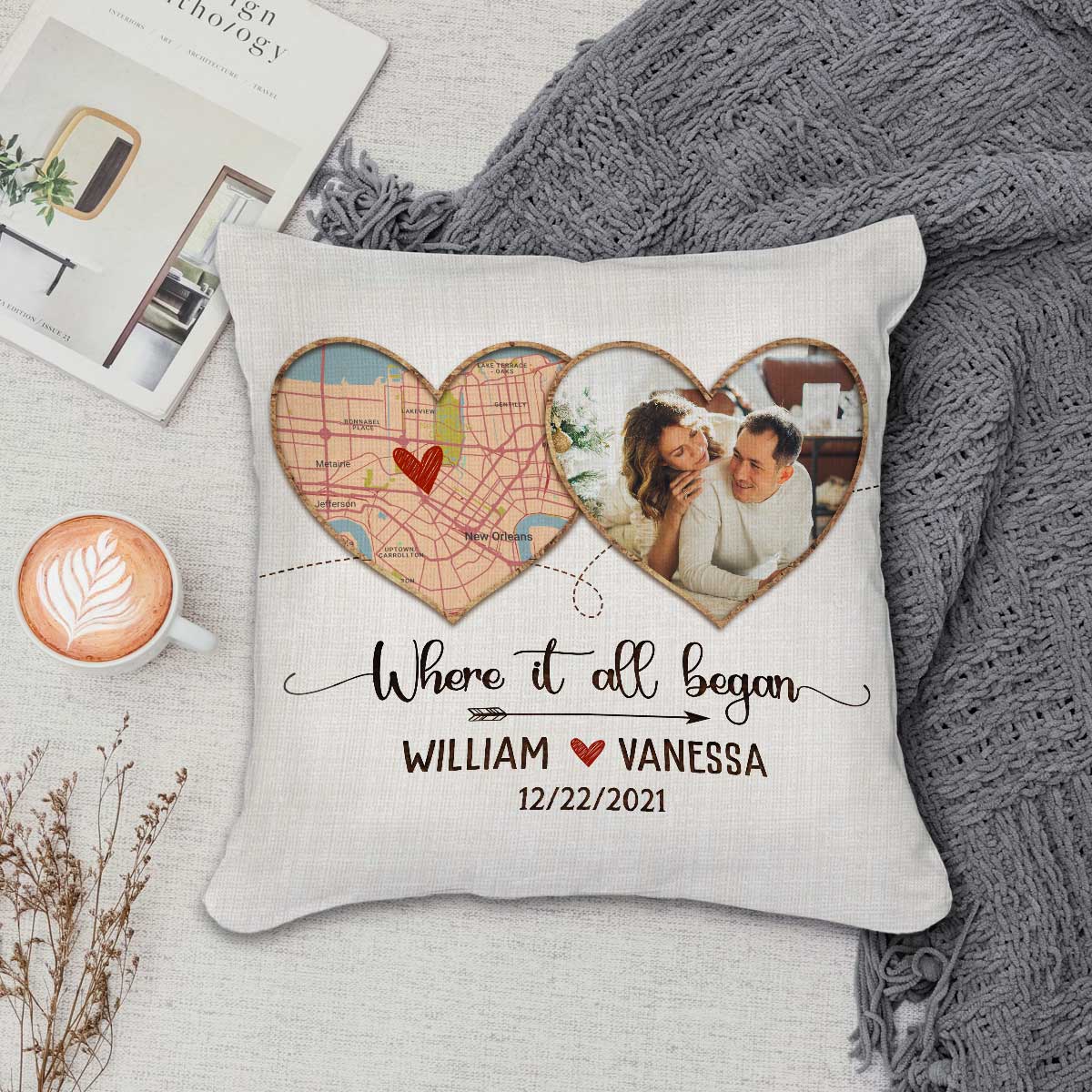 Where It All Began Personalized Map Pillow, First Date Map Print, Custom Valentines Day Photo Pillow Gift, Anniversary Gift For Couple