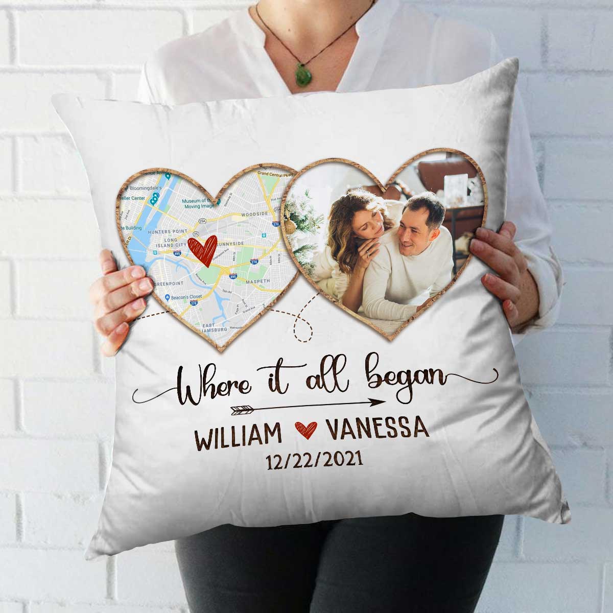 Where It All Began Personalized Map Pillow, First Date Map Print, Custom Valentines Day Photo Pillow Gift, Anniversary Gift For Couple