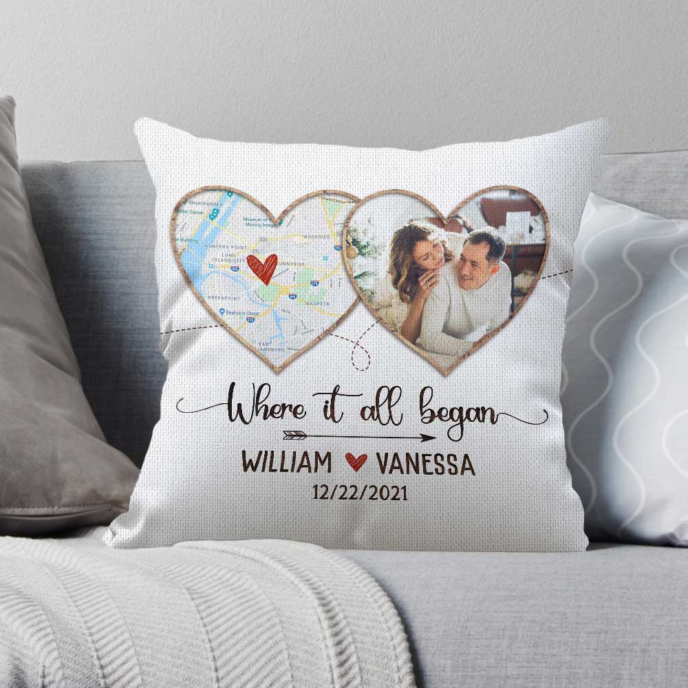 Where It All Began Personalized Map Pillow, First Date Map Print, Custom Valentines Day Photo Pillow Gift, Anniversary Gift For Couple