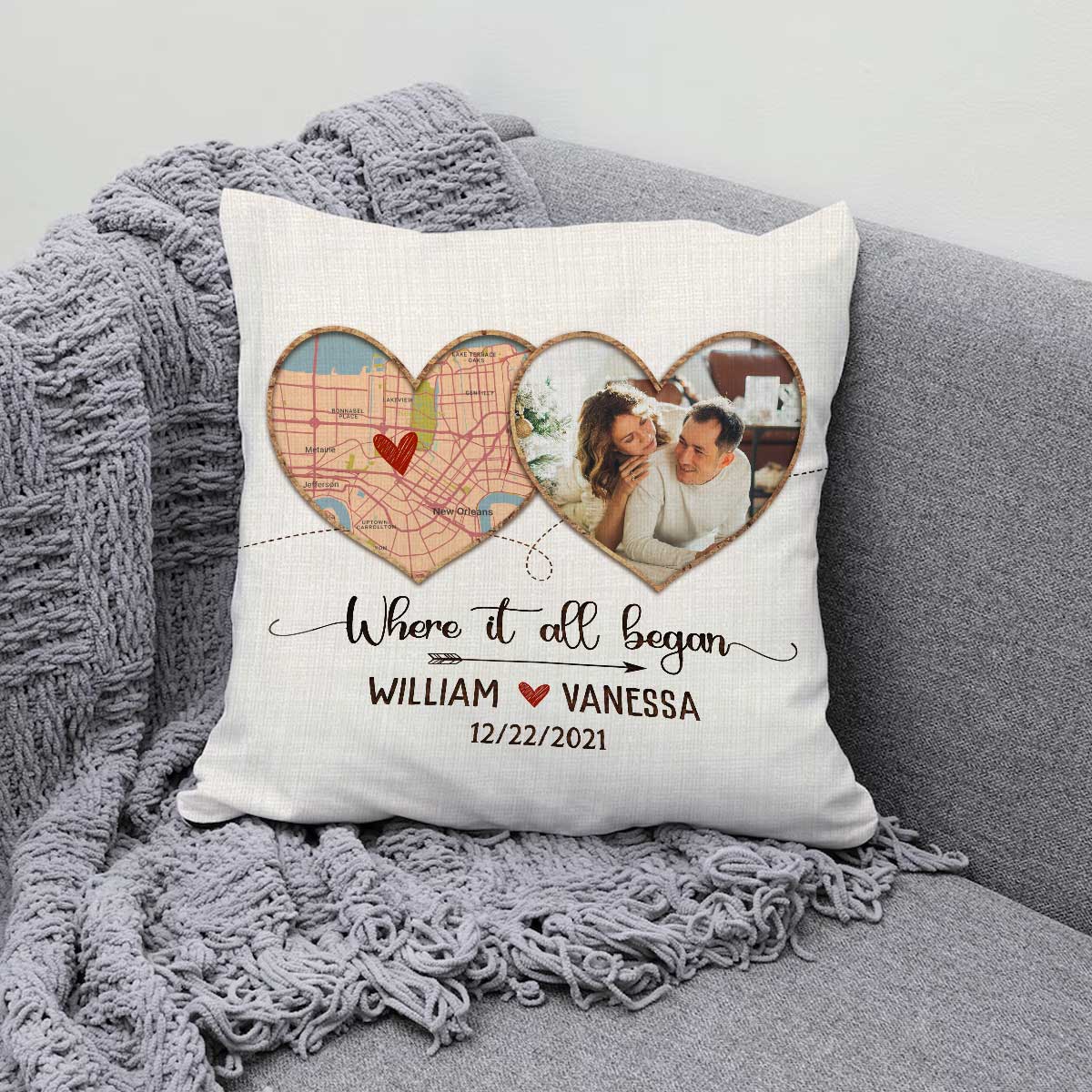 Where It All Began Personalized Map Pillow, First Date Map Print, Custom Valentines Day Photo Pillow Gift, Anniversary Gift For Couple