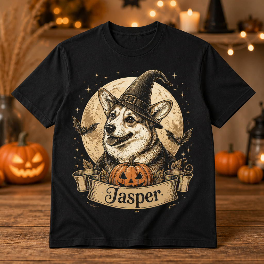 Custom Name Witchy Corgi Halloween T‑Shirt - Personalized T-shirt 2590420b-000a-4d85-a633-ce68f666adbc.png