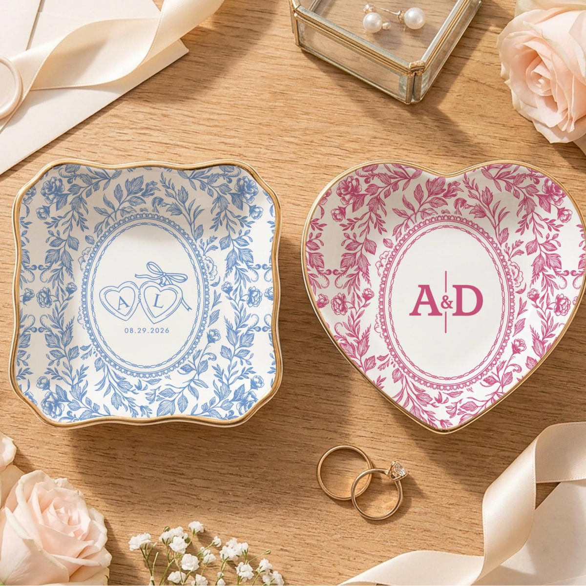 Personalized Toile De Jouy Ring Dish, Custom Ceramic Jewelry Tray, Wedding Ring Holder, Engagement Gift for Couple 25944d44-b14c-4387-ba09-1a9b1a82af52-7.png