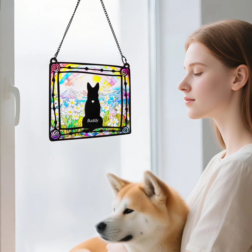 Personalised Stained Glass Style Dog Silhouette Design Window Hanging Suncatcher Ornament with Name Sympathy Memorial Gift for Dog Lovers Owner