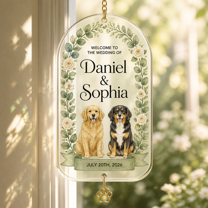 Personalized Wedding Welcome Flag with Pets — Names & Date - Personalized 1 Layered Suncatcher with Charm 25bddfa6-d4da-4337-b153-ae1e6067439c.png