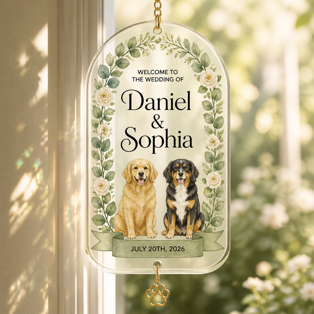 Personalized Wedding Welcome Flag with Pets — Names & Date - Personalized 1 Layered Suncatcher with Charm 25bddfa6-d4da-4337-b153-ae1e6067439c.png