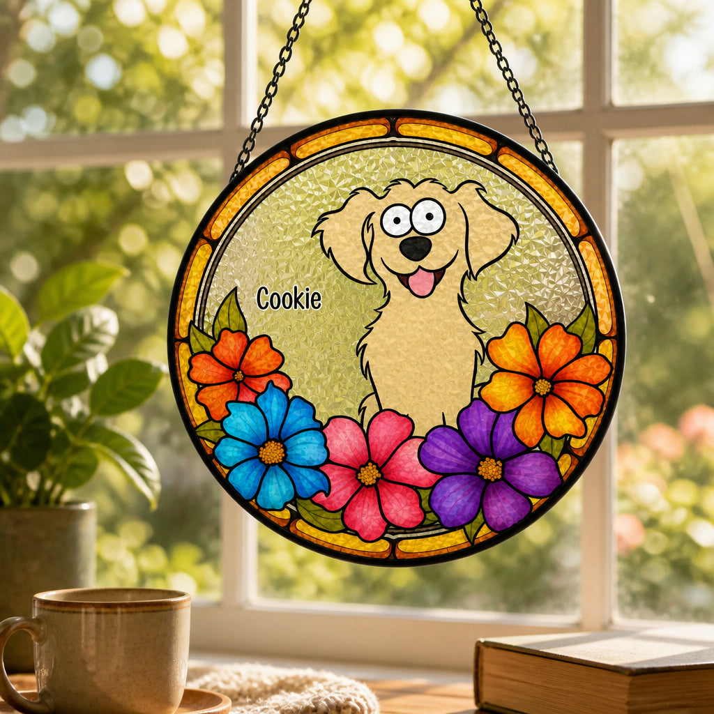 Personalized Dog Name Stained-Glass Suncatcher – Floral Round - Personalized Suncatcher Stained Glass 2674c82e-5351-4cd7-b091-01f6728cf099.jpg