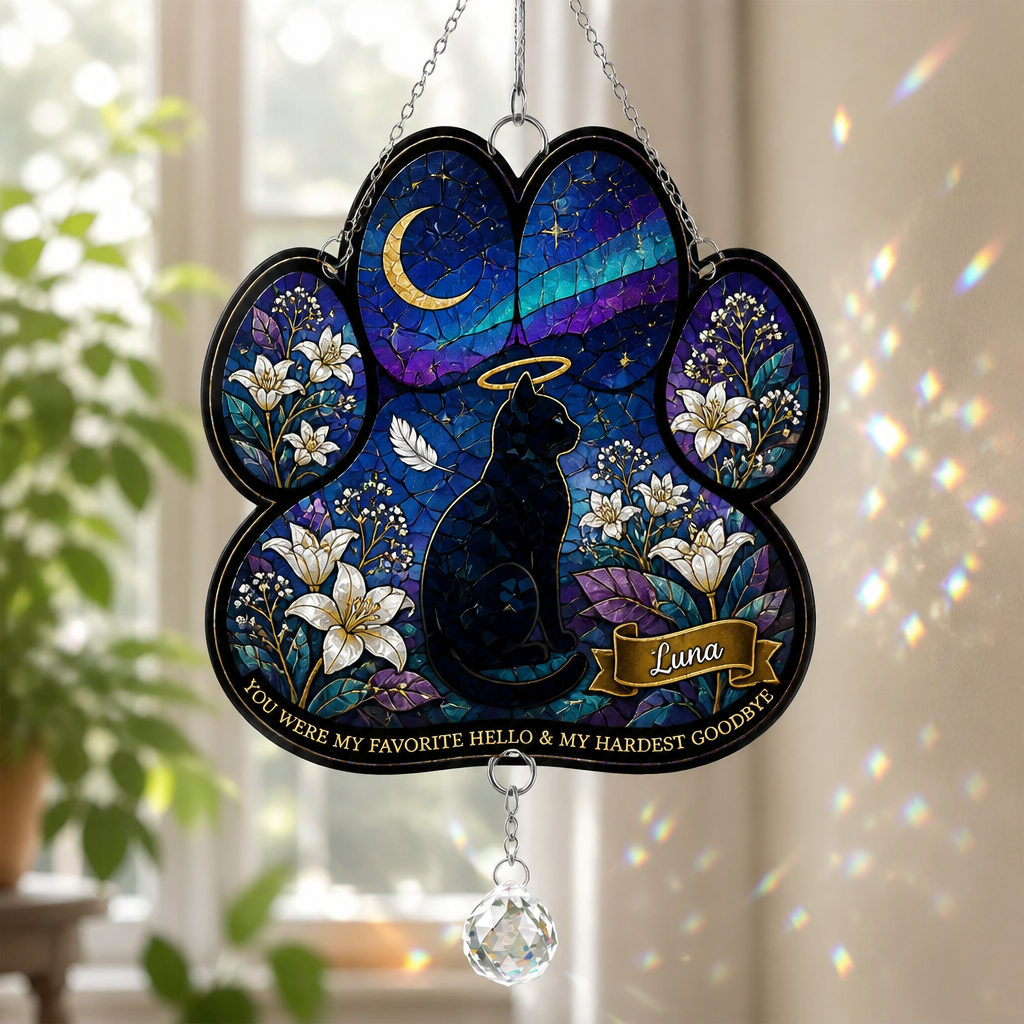 Paw Stained-Glass Cat Memorial Suncatcher — Name Personalization - Personalized 1 Layered Suncatcher with Charm 26b6c495-f779-4515-a40c-d07aa1900d57.png