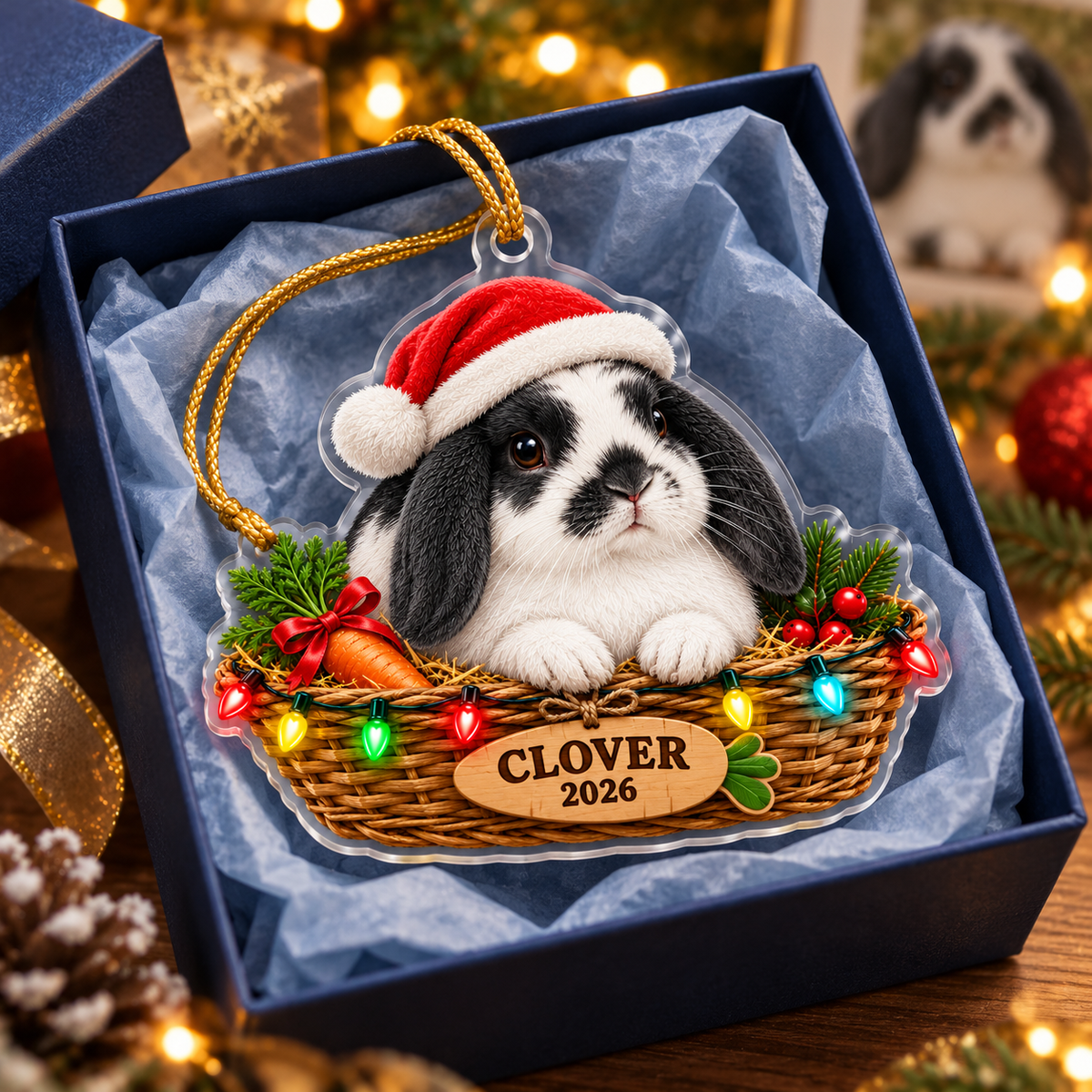 Personalized Lop Rabbit Christmas Ornament – Custom Name & Year, Bunny in Hay Basket Keepsake, Christmas Gift for Rabbit Lovers 26d7483b-8922-4b03-8a9b-6f21d4dd5ed7-Black-and-white-rabbit-ornament-in-gift-box-4.png