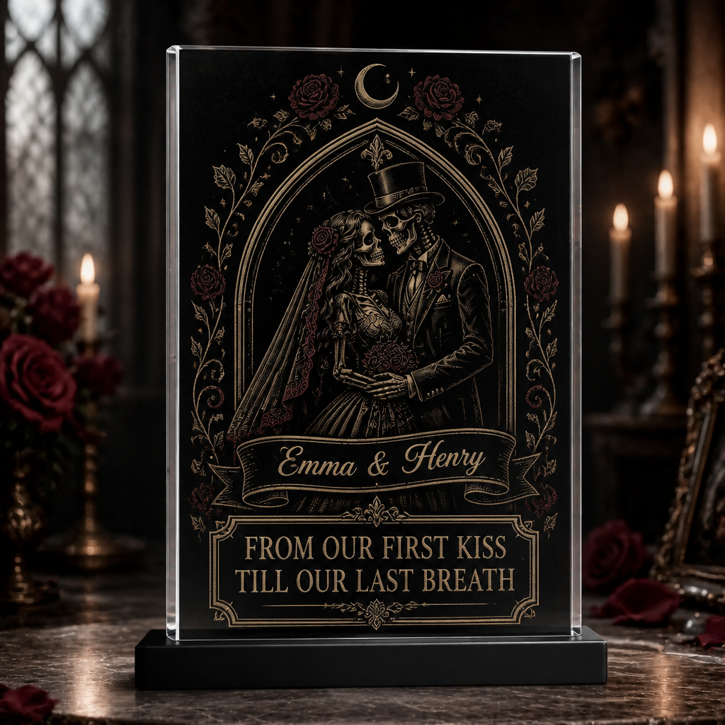Gothic Skeleton Bride & Groom Acrylic Plaque – From Our First Kiss Till Our Last Breath (Personalized Names) - Personalized Acrylic Plaque 27444058-cc13-45cb-a27b-c6aa2e9ce980.png