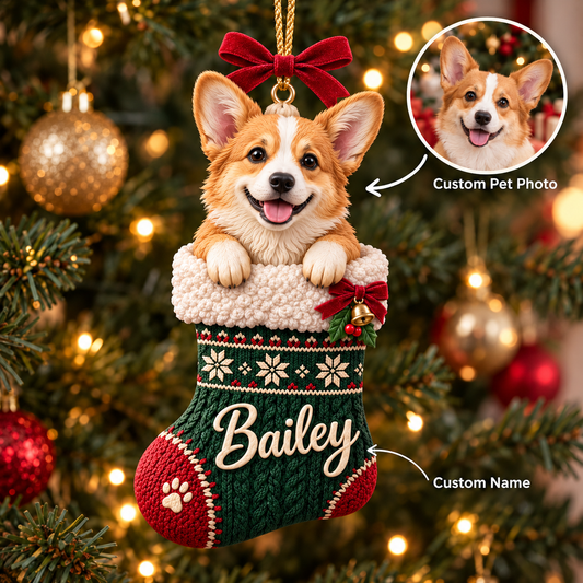 Personalized Dog Christmas Ornament – Custom Pet Photo & Name, 3D Relief Stocking Ornament, Christmas Gift for Dog Lovers 27a55419-87f6-4344-af9f-a3cfe7ec3621-Bailey-s-Faux-Relief-Corgi-Christmas-Stocking.png