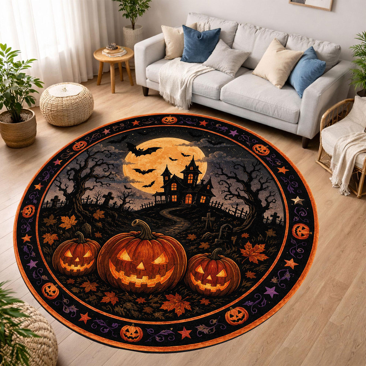 Halloween Round Area Rug, Haunted House Pumpkin Rug, umpkin Patch Area Rug, Gothic Fall Decor, Jack O Lantern Home Rug, Full Moon Witchy Rug 2810542f-a733-42e9-874f-ada18119562b-3.jpg