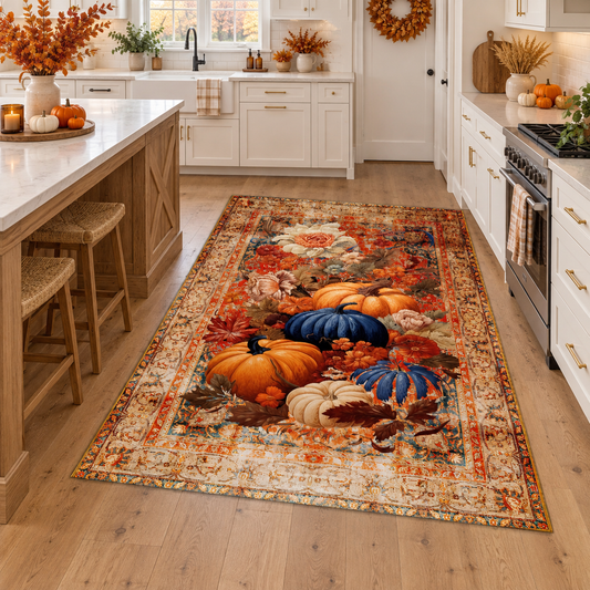 Vintage looked Pumpkin Floral Rug, Autumn Botanical Area Carpet with oriental Pattern, Elegant Fall Decor, Digital Print Harvest Style Rug 287e67b5-25da-496c-8df9-6542cfd27bdf-banner-1.png