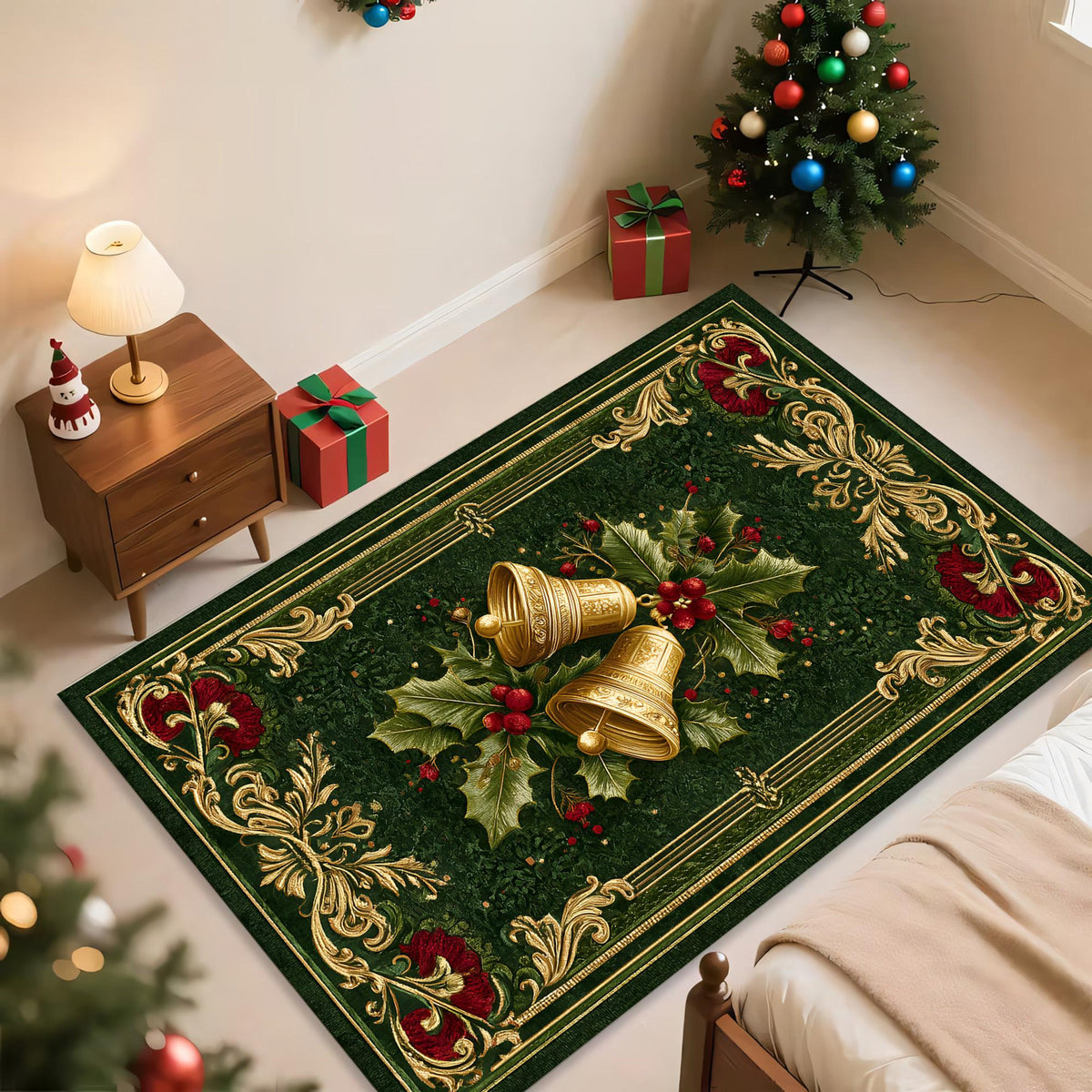 Elegant Christmas Bell Rug, Green Gold Holiday Carpet with Holly Leaves, Red Berries and Festive Home Decor Design 28b1050e-93e9-42d8-9cb1-3d1d9d4bf950-1.jpg