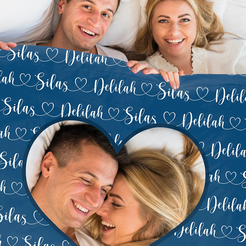Personalised Heart Couple Photo Soft Throw Blanket with Name Home Decor Valentine's Day Anniversary Gift for Couple