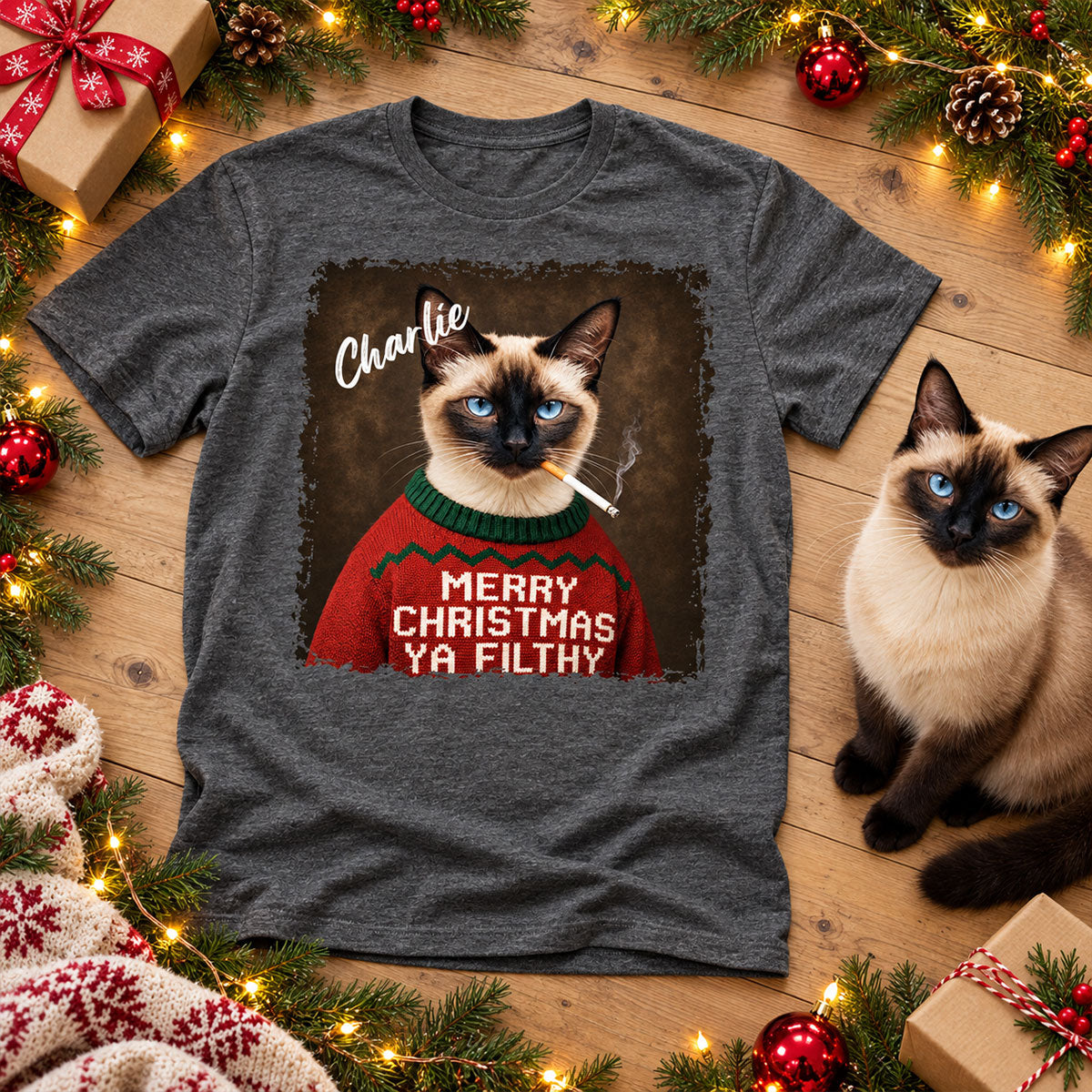 Funny Christmas Smoking Cat Upload Pet Photo - Personalized Shirt - Sarcastic Holiday Meme Tee, Cool Cat Lover Gift, Vintage Grunge Xmas Cat Gift, Ironic Pet Shirt 292b1c55-2cef-46bf-abf3-828d52ece457-4-5-.jpg