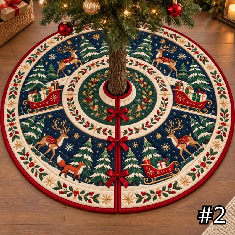 Scandinavian Red Sleigh Quilt Christmas Tree Skirt, Nordic Folk Art Gifts Deer Fox and Pine Forest Festive Holiday Tree Base Decor 296c73b9-087d-4157-9efc-808c063b288e-gfrtt-1-.webp