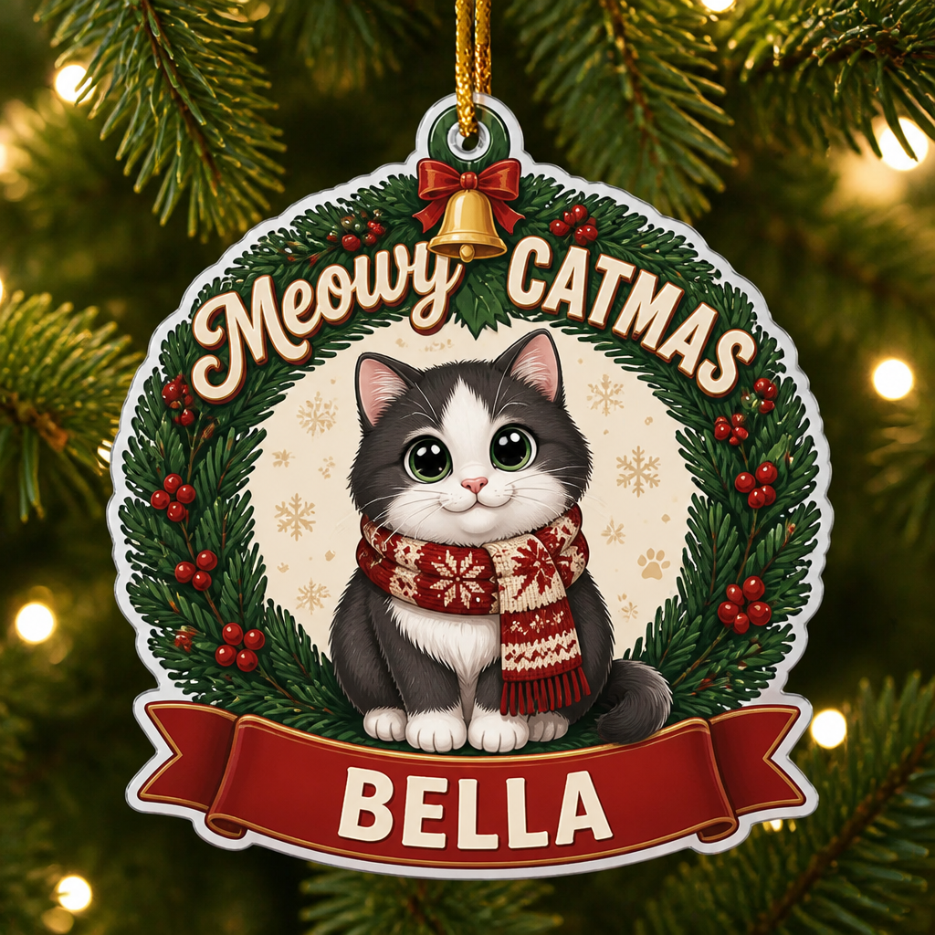 Meowy Catmas Personalized Cat Name Ornament – Wreath Edition - Personalized Laser Cut Custom Shape Ornament 2998d45d-0231-477b-92a9-db9f2b027cce.png