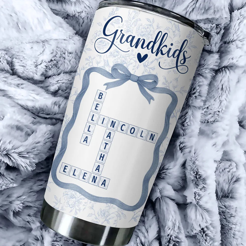 Grandkids Toile De Jouy Crossword - Personalized Tumbler - Gift For Grandma