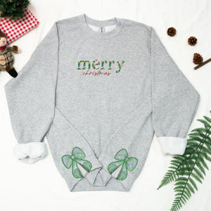 Side Bow Applique Embroidered Sweatshirt, Christmas Bow Embellished Sweatshirt, Side Bow Cut-Out Sweatshirt, Holiday Crewneck Xmas