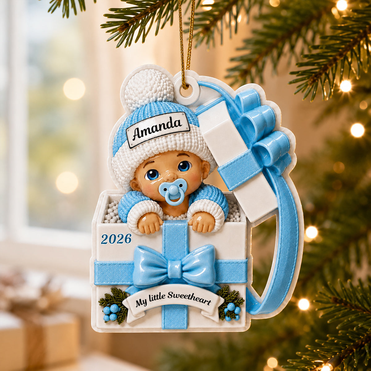 Baby Inside Gift Box Ornament - Real 3D Raised Ornament